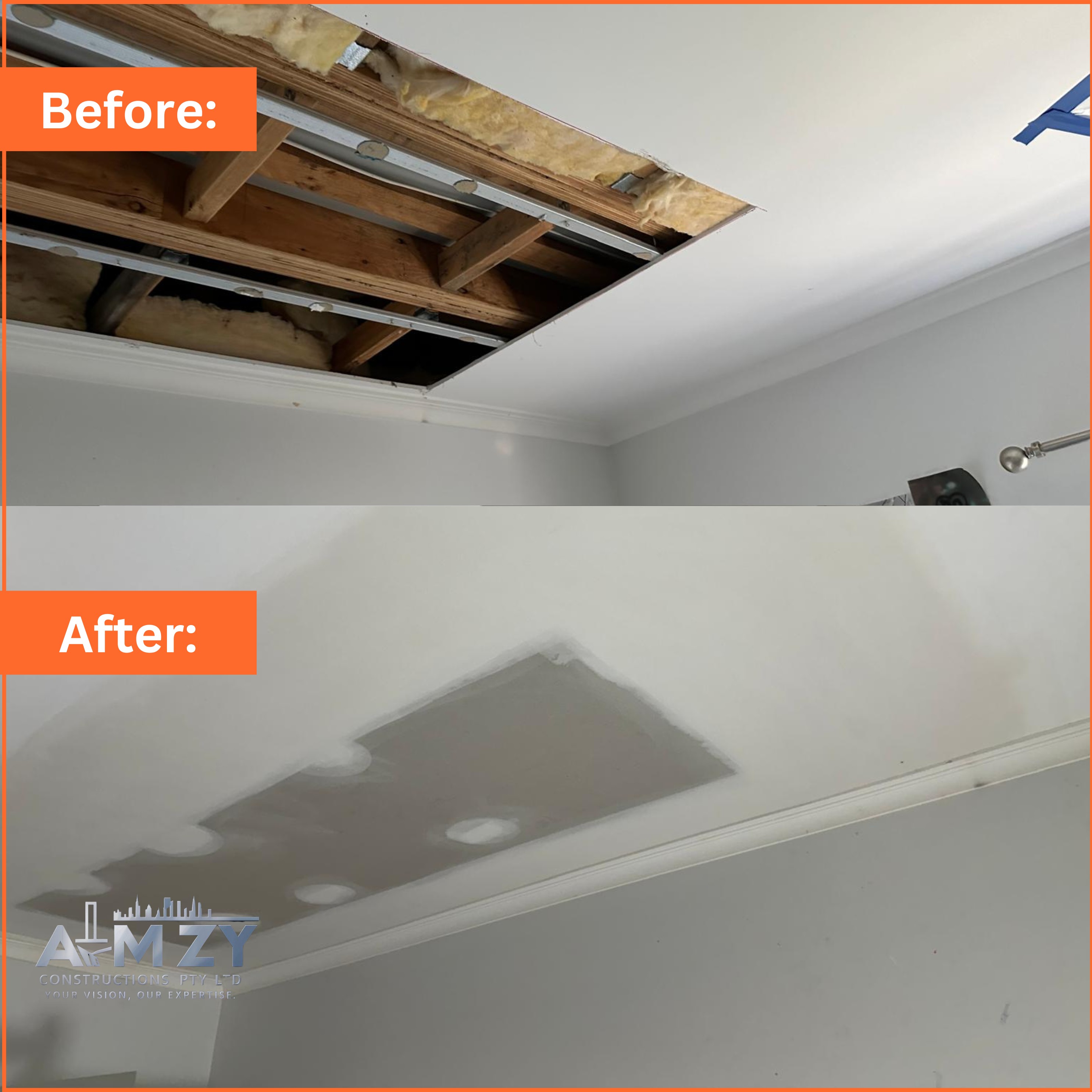 Major ceiling cavity repaired with new drywall installation.